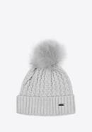 Women's cable knit winter hat with pom pom, grey, 97-HF-105-1, Photo 1