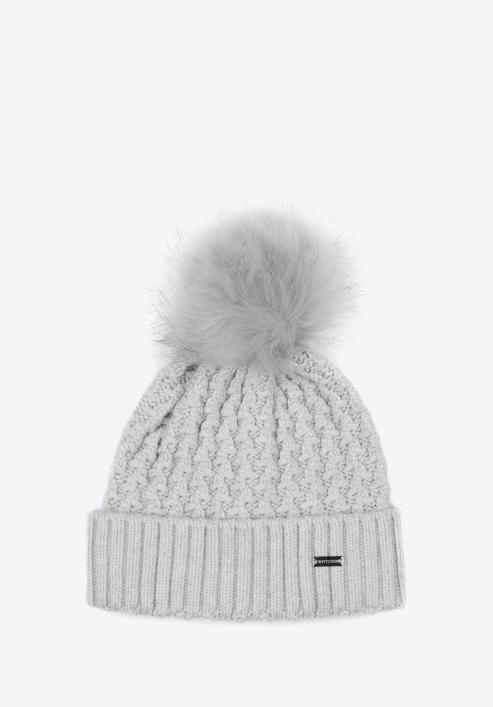 Women's cable knit winter hat with pom pom, grey, 97-HF-105-0, Photo 1