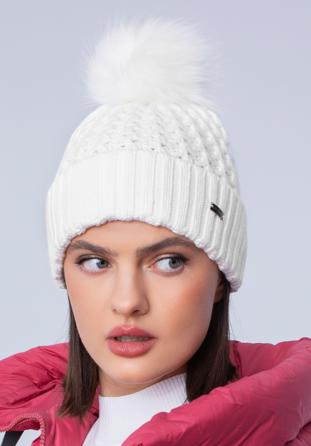 Women's cable knit winter hat with pom pom, cream, 97-HF-105-0, Photo 1