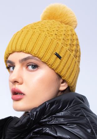 Women's cable knit winter hat with pom pom, yellow, 97-HF-105-6, Photo 1
