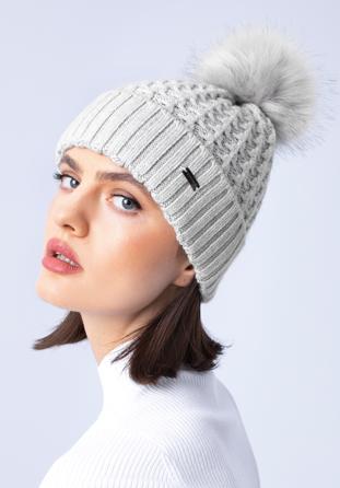 Women's cable knit winter hat with pom pom, grey, 97-HF-105-8, Photo 1