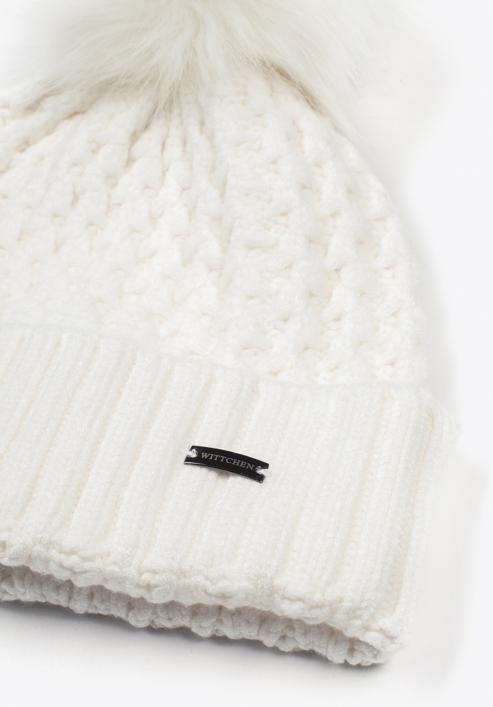 Women's cable knit winter hat with pom pom, cream, 97-HF-105-6, Photo 2