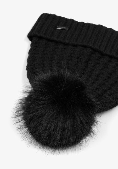 Women's cable knit winter hat with pom pom, black, 97-HF-105-0, Photo 2