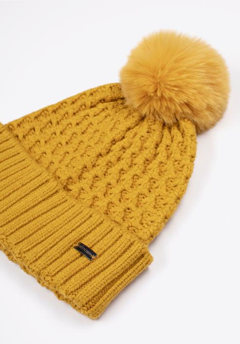 Women's cable knit winter hat with pom pom, yellow, 97-HF-105-6, Photo 2