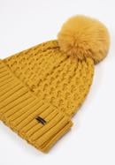 Women's cable knit winter hat with pom pom, yellow, 97-HF-105-8, Photo 2