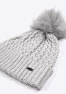 Women's cable knit winter hat with pom pom, grey, 97-HF-105-0, Photo 2