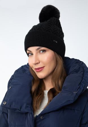 Winter hat with herringbone stitch pattern, black, 97-HF-007-1, Photo 1