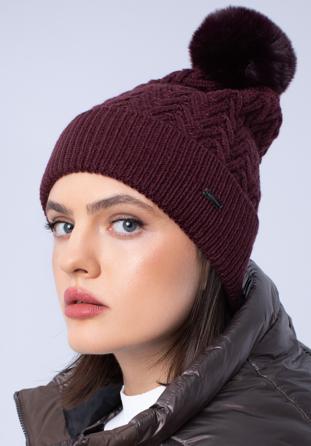 Winter hat with herringbone stitch pattern, plum, 97-HF-007-2, Photo 1