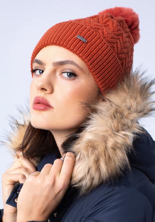 Winter hat with herringbone stitch pattern, brick red, 97-HF-007-6, Photo 1