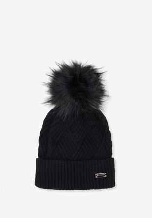 Winter hat with diamond stitch pattern, black, 95-HF-002-1, Photo 1