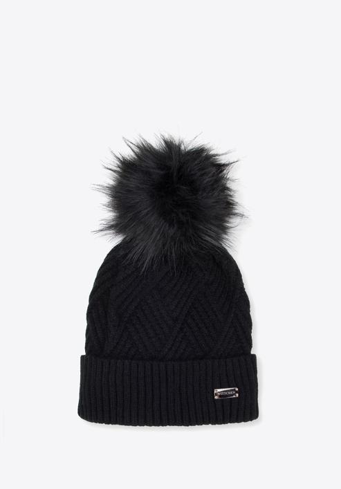 Winter hat with diamond stitch pattern, black, 95-HF-002-N, Photo 1