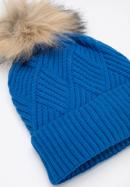 Damska czapka o splocie w karo z pomponem, niebieski, 95-HF-002-N, Zdjęcie 2