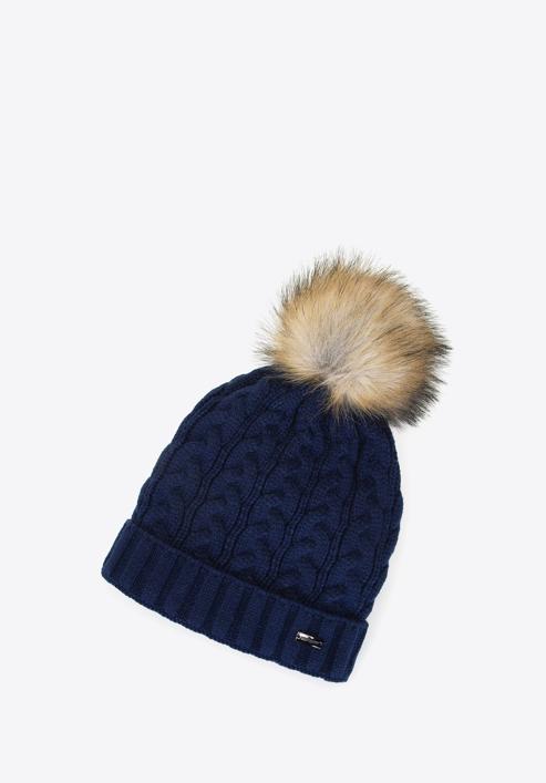 Women's winter cable knit hat, navy blue, 91-HF-202-7, Photo 1