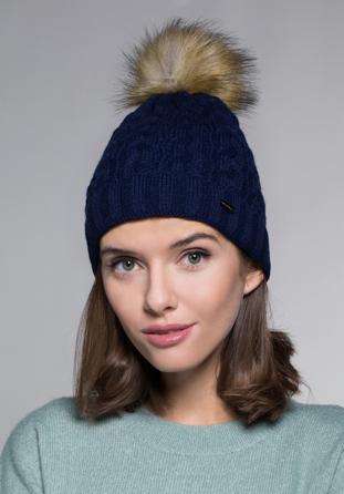 Women's winter cable knit hat, navy blue, 91-HF-202-7, Photo 1