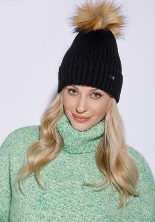 Women's winter pom pom hat, black, 95-HF-015-1, Photo 1