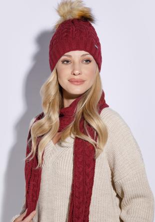 Women's winter thick cable knit hat, burgundy, 95-HF-016-2, Photo 1