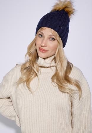 Women's winter thick cable knit hat, navy blue, 95-HF-016-7, Photo 1