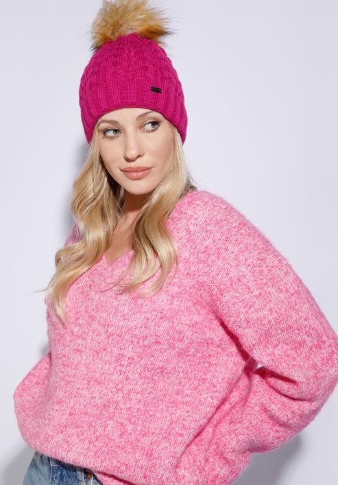 Women's winter thick cable knit hat, pink, 95-HF-016-2, Photo 15