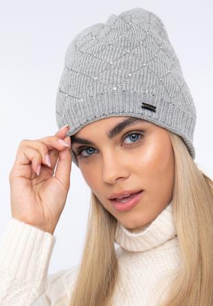 Women's winter hat with crystal beads, grey, 97-HF-001-8, Photo 1