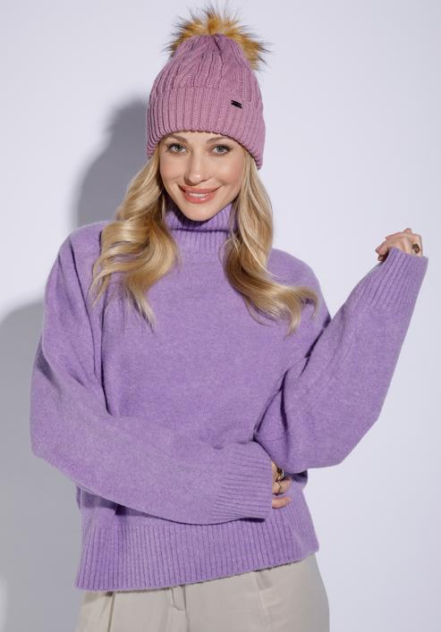 Women's winter cable knit hat, light violet, 95-HF-019-VP, Photo 15
