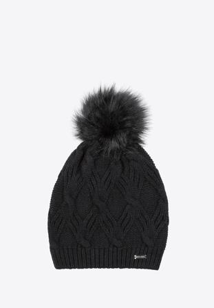 Women's cable knit hat with pom pom, black, 97-HF-103-1, Photo 1