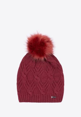 Women's cable knit hat with pom pom, burgundy, 97-HF-103-2, Photo 1