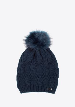 Women's cable knit hat with pom pom, navy blue, 97-HF-103-7, Photo 1