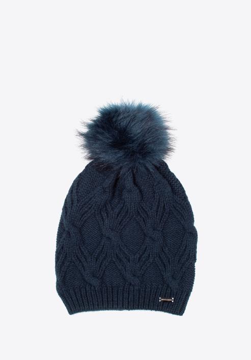 Women's cable knit hat with pom pom, navy blue, 97-HF-103-1, Photo 1