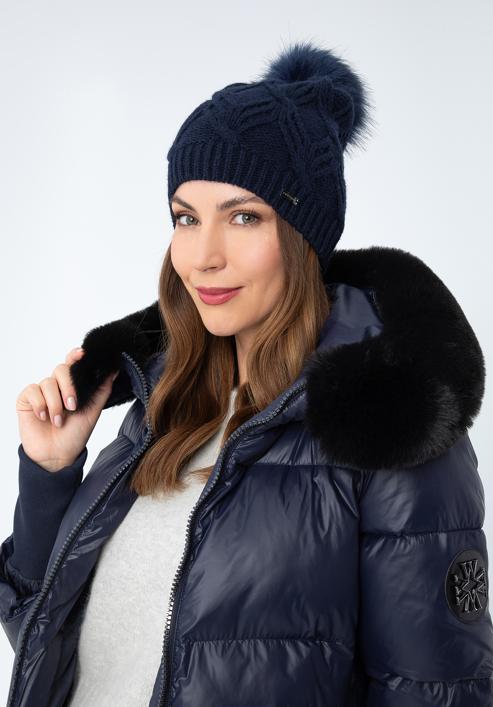 Women's cable knit hat with pom pom, navy blue, 97-HF-103-1, Photo 15