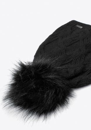 Damska czapka z ozdobnym wzorem i pomponem, czarny, 97-HF-103-1, Zdjęcie 1