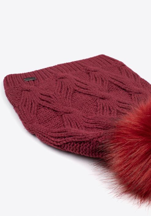 Women's cable knit hat with pom pom, burgundy, 97-HF-103-1, Photo 2