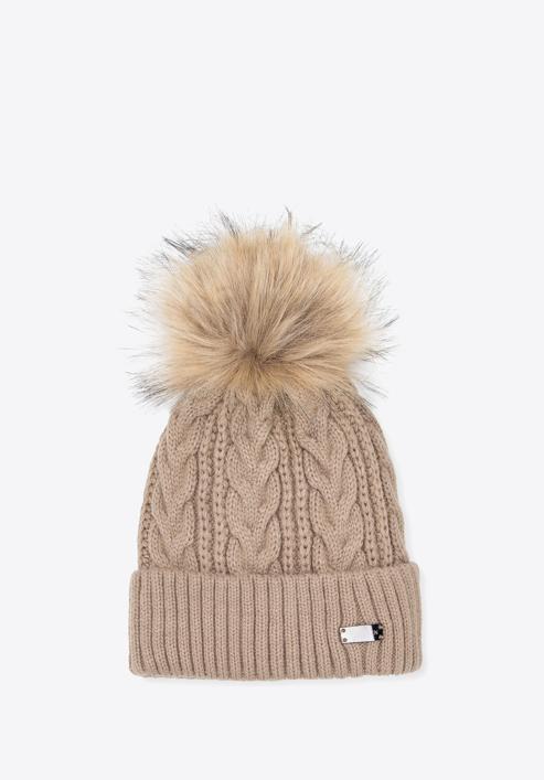 Women's winter bobble hat with pom pom, beige, 95-HF-010-4, Photo 1