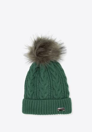 Damska czapka z szerokim splotem warkoczowym, zielony, 95-HF-010-Z, Zdjęcie 1