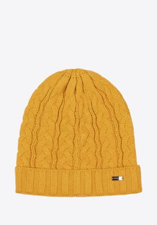 Damska czapka z warkoczowym splotem, żółty, 97-HF-017-Y, Zdjęcie 1