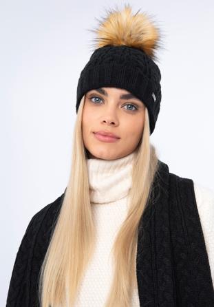Women's cable knit winter hat, black, 97-HF-016-1, Photo 1