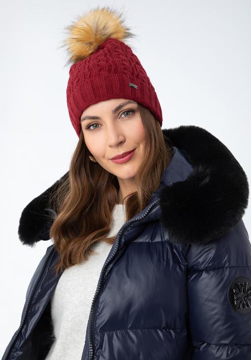 Women's cable knit winter hat, red, 97-HF-016-7, Photo 15