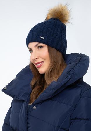 Women's cable knit winter hat, navy blue, 97-HF-016-7, Photo 1