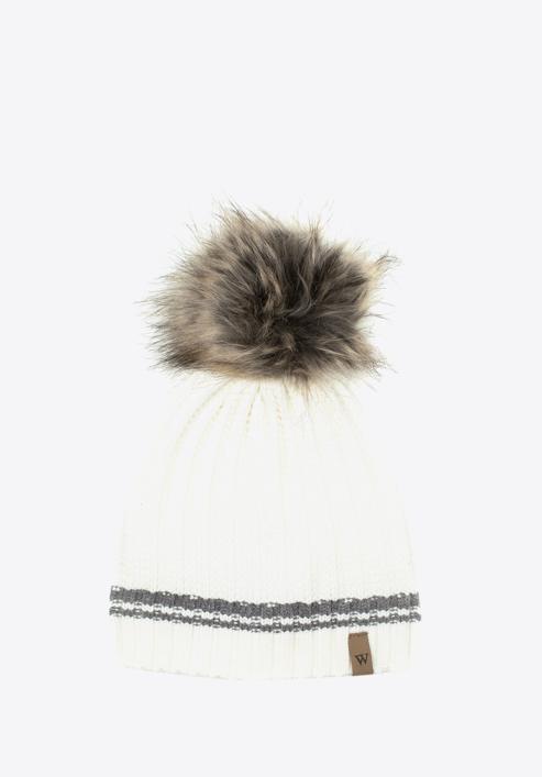 Women's hat with a striped pattern and a pom pom, cream, 97-HF-003-7, Photo 1