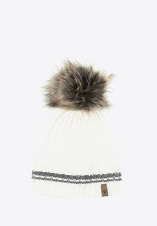 Women's hat with a striped pattern and a pom pom, cream, 97-HF-003-08, Photo 1