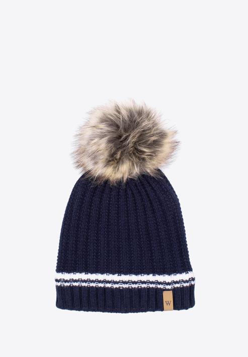 Women's hat with a striped pattern and a pom pom, navy blue-white, 97-HF-003-08, Photo 1