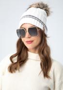 Women's hat with a striped pattern and a pom pom, cream, 97-HF-003-08, Photo 16