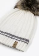 Women's hat with a striped pattern and a pom pom, cream, 97-HF-003-08, Photo 2