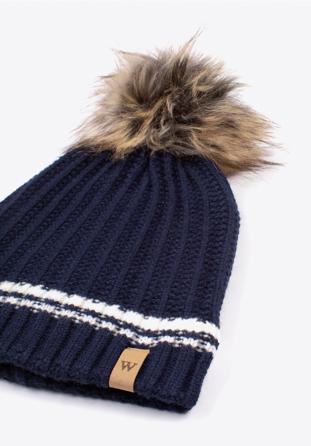 Women's hat with a striped pattern and a pom pom, navy blue-white, 97-HF-003-7, Photo 1