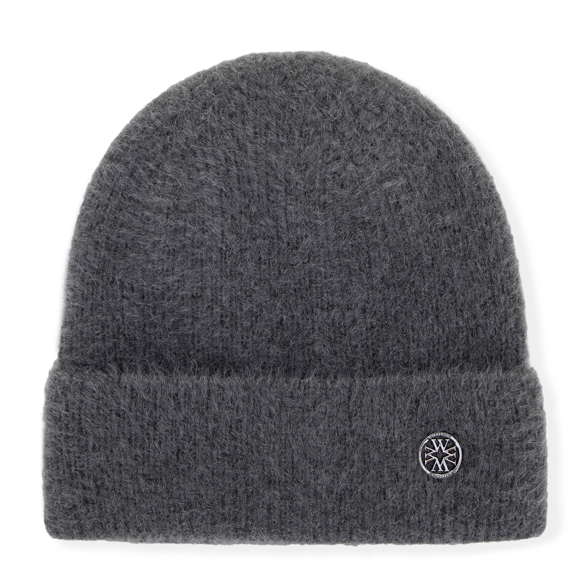 Dámska šedá čiapka z nadýchanej pleteniny s vyhrnutým lemom a kovovým logom „W“ 101-HF-202-8