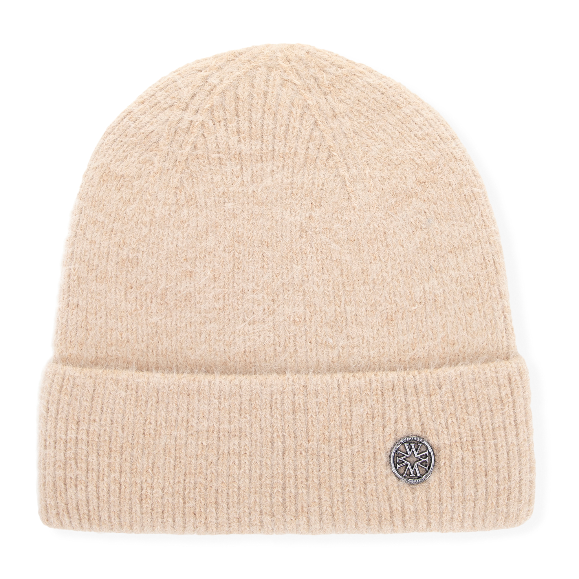 Dámska béžová čiapka z nadýchanej pleteniny s vyhrnutým lemom a kovovým logom „W“ 101-HF-202-9