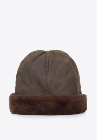 Damska czapka zimowa ze skóry i futra, khaki, 87-H-K01-X, Zdjęcie 1