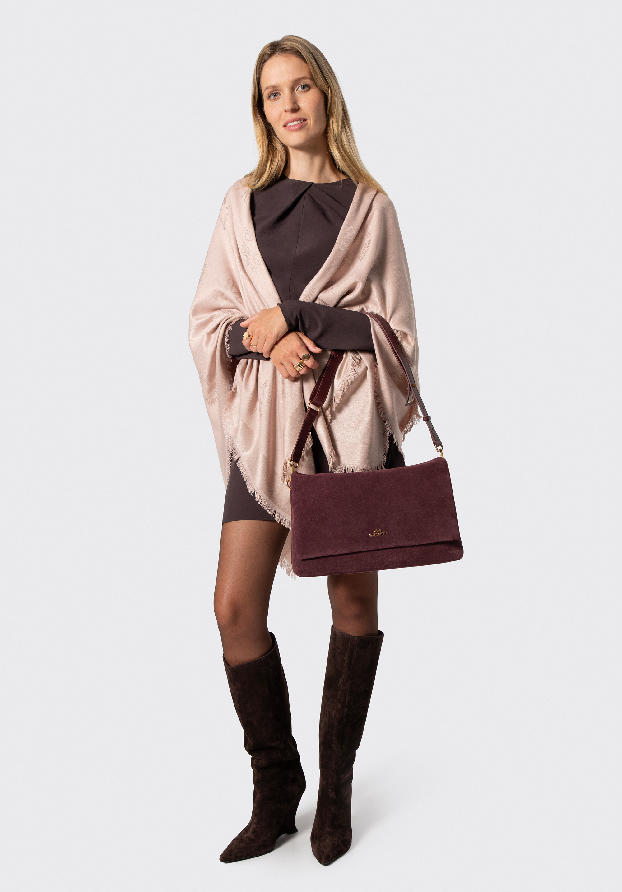 Women's large two-compartment suede crossbody bag, burgundy, 103-4E-631-3, Photo 1