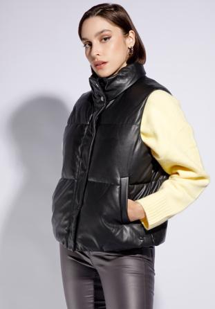 Women's quilted faux leather gilet, black, 95-9D-101-1-L, Photo 1