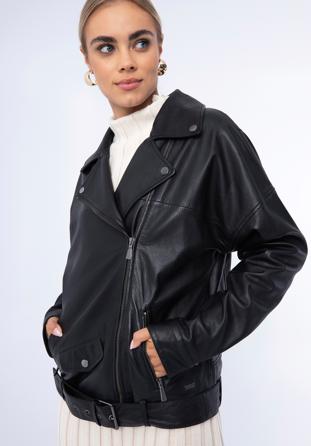 Women's oversize leather biker jacket, black, 97-09-201-1-S, Photo 1