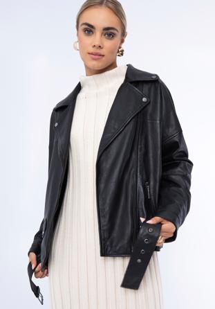 Women's oversize leather biker jacket, black, 97-09-201-1-XL, Photo 1